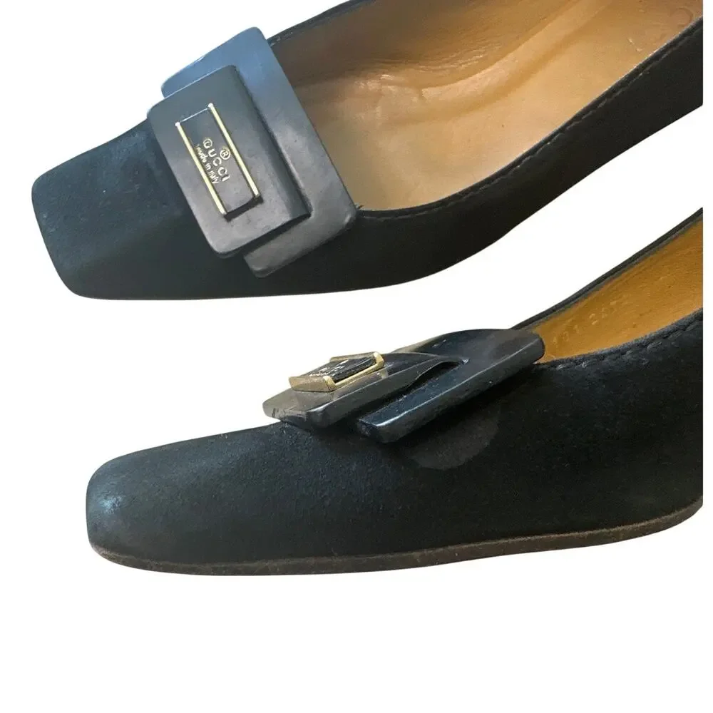Vintage Gucci Black Suede Square Toe Kitten Heels Logo 36 - Picture 13 of 16